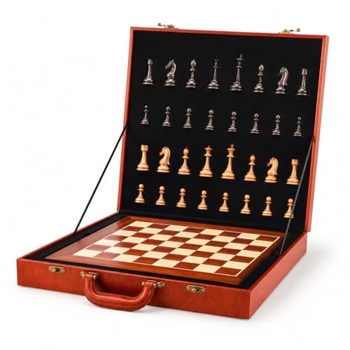 Luxury Wooden Chess Set with Premium Leather Storage Case, 17 Inch Chess Board, Handcrafted Staunton Pieces, Portable Travel Chess Set for Adults & Kids, for Family Game Night
