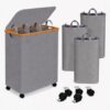 LWBDen 3-Section 160L Laundry Hamper with Lid and Wheels,Gray