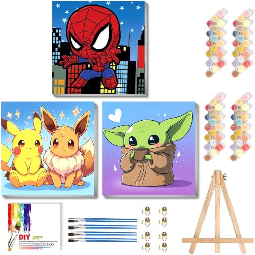 LWZAYS 3 Pack Cartoon Paint by Number for Kids with Wooden Frame-Paint by Numbers for Kids Ages 4-8-12, DIY Paints with Numbers Easy Acrylic Oil Painting Kits for Home Wall Decor (8X8inch) 2.0