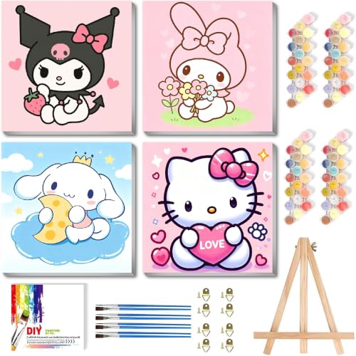 LWZAYS 4 Pack Cartoon Paint by Number for Kids with Wooden Frame-Paint by Numbers for Kids Ages 4-8-12, DIY Paints with Numbers Easy Acrylic Oil Painting Kits for Home Wall Decor (8X8inch) 5.0