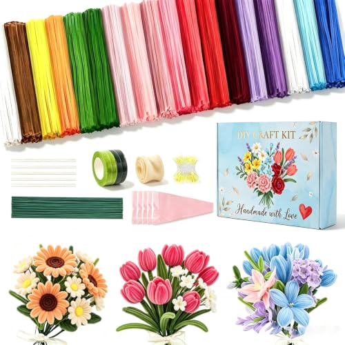 LXIANGN 800/1000 Pcs Colorful Pipe Cleaners Flower Kit for Crafts, 13/18 Colors Chenille Stems Flower Making Kit,12 Inch Length,Step-by-Step Tutorial for Art DIY Flowers (800Pcs,13 Colors)