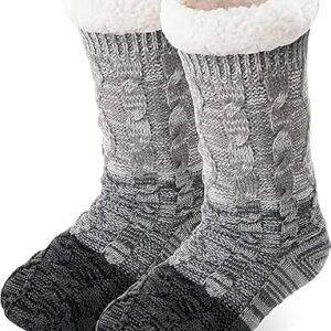 Lykofudi Women's Slipper Socks with Grippers, Fuzzy Fleece Lined Non-Slip Cabin Socks, Thick Warm Fluffy Winter House Socks for Women and Girls (0606USB)