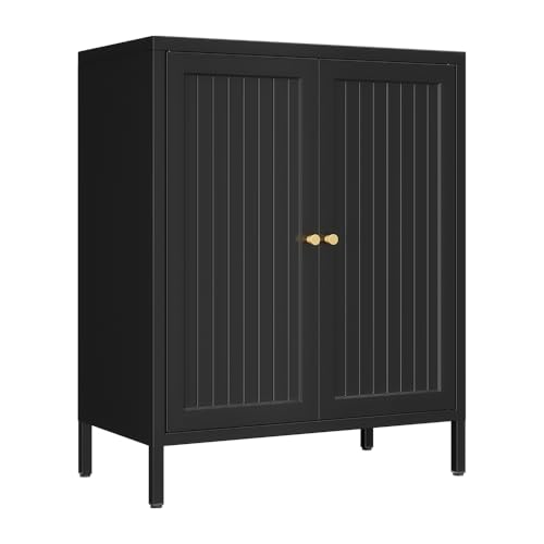 LYMOUYEE Metal Accent Storage Cabinet for Bedroom, LivingRoom, Office,Kitchen- Metal Locker Cabinet with 1 Adjustable Shelves-Bathroom Floor Storage Cabinet Freestanding Organizer(Stripe Door, Black)