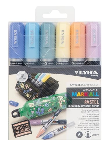 LYRA Graduate Mark All Multisurfaces Permanent Marker, 2mm Tip, 6 Assorted Pastel Colours, For Students and Schools
