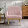 LYSLYSS 29" Premium Velvet Lazy Single Sofa, Mid-Century Bean Bag with Sturdy Metal Legs, Fashion Lounge Chair with Neat Stitching Craft for Apartment Studio Spaces, Pink