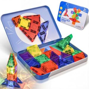 Lyzaoc Mini Magnetic Tiles,42PCS Magnetic Building Blocks with Metal Storage Box,STEM Toys for Kids Ages 3+,Sensory Toys for Kids with Autism
