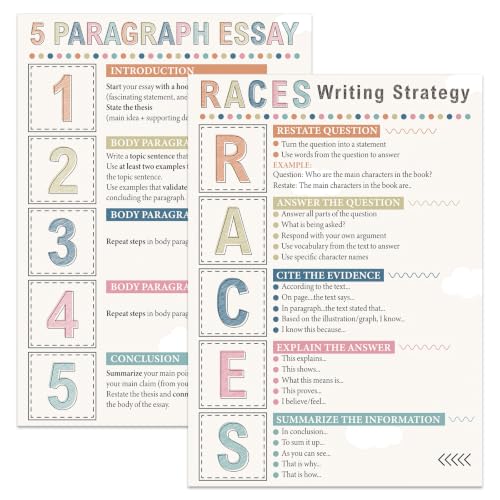 LZPTQ 2PCS Races Writing Strategy Posters - Boho Writing English Essay Poster for Classroom Parts of Speech Writing Process Charts for Primary Middle High School English Teacher Must Haves Supplies