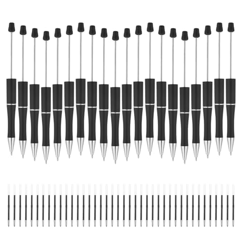 Maahongh 20 Pcs Beadable Pens Bulk, Plastic Beaded Pens with 40Pcs Black Ink, Bead Pen Kit DIY Pen for Beads for Makes Gifts for Office Supplies(Black)