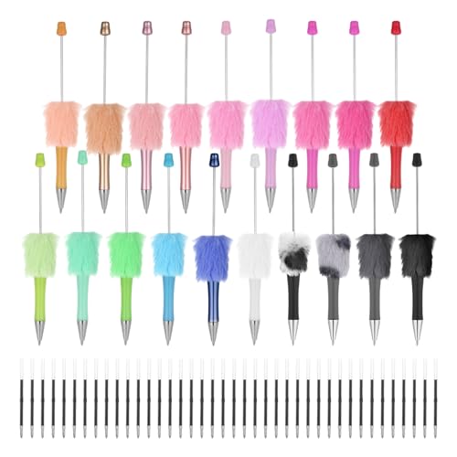 Maahongh 20 Pcs Furry Beadable Pens Bulk, Plastic Beaded Pens with 40Pcs Black Ink Ballpoint, Bead Pen Kit DIY Pen for Beads for Makes Gifts for Office School Supplies(20 Colors)