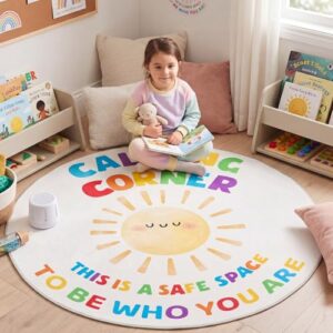 Maasechs 4 ft Calming Corner Rug Round, Sunshine Classroom Rug, Rainbow
