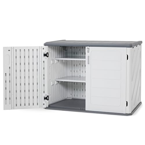 Macrout 25 Cu.Ft Small Plastic Outdoor Storage Cabinet with Shelves, 4.3 x 2.5 ft Waterproof Resin Outdoor Storage Shed with Floor, Lockable Horizontal Shed for Garden and Patio