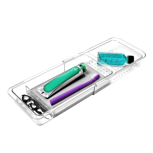 madesmart Expandable Toothbrush Drawer Organizer with Drying Stone, Clear Dental Organizer Tray for Bathroom Drawers, Toothpaste Holder, Dental Floss, Water Flosser and Mouthwash, 12 to 20 Inch
