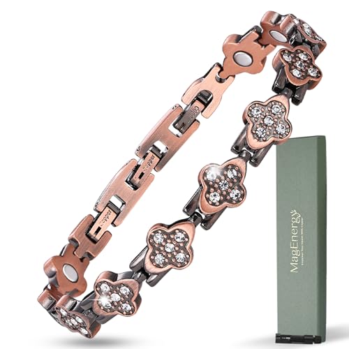 MagEnergy Copper Bracelet for Women, 3800 Gauss Magnetic Copper Bracelet, Four-Leaf Clover Design, 99.99% Copper, Jewelry Gift & Sizing Tool
