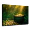 Magical Leprechaun Pot Full of Gold Coins Shamrock Green Forest Sunlight Bokeh Canvas Wall Art St Patrick’s Day Lucky Home Decor Canvas Fabric (08x12Inch Frame)