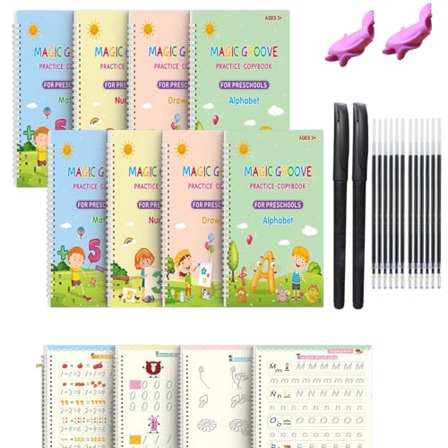 Magic Grooved Handwriting Practice Book for Kids Ages 3-8, Reusable Magic Practice Copybook Trace with Pencil Grips(4PCS/Set), Exercise Book Set with Alphabet, Numbers, Math & Drawing (8)
