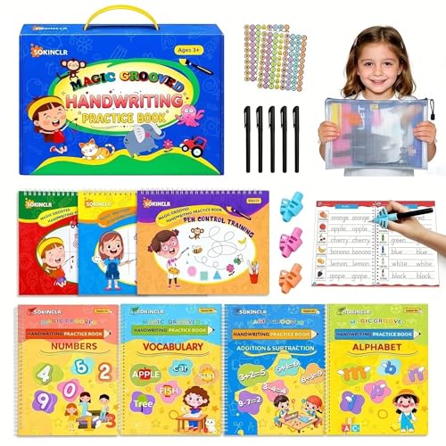 Magic Grooved Writing Practice Books for Kids Ages 3-5 – Reusable 3D Groove Handwriting Workbooks with Disappearing Ink for Kids 5-7, Preschool Learning Activities & Letter Tracing Toys (7-Book Set)