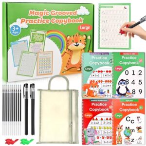 Magic Grooved Writing Practice for Kids 3-8 – 4 Reusable Handwriting Practice with Disappearing Pens | Alphabet, Numbers, Math Tracing | Large Preschool & Kindergarten Workbook with A4 Zipper Pouch