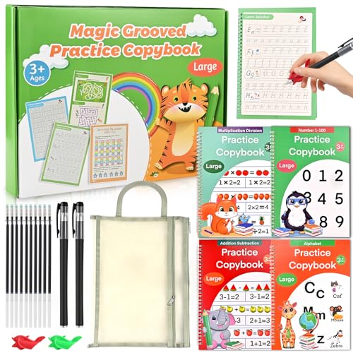 Magic Grooved Writing Practice for Kids 3-8 – 4 Reusable Handwriting Practice with Disappearing Pens | Alphabet, Numbers, Math Tracing | Large Preschool & Kindergarten Workbook with A4 Zipper Pouch