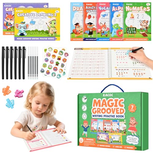 Magic Grooved Writing Practice for Kids, 7 Pack Reusable Grooved Handwriting Workbooks 6 Pens and 6 Refills for Ages 3-5 Kids, Large Writing Practice Books for Preschool Learning Activities