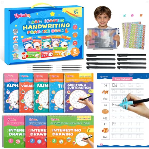 Magic Grooved Writing Practice for Kids Ages 3-8, Handwriting Practice for Kids 8 Books, Preschool Tracing Books, Reusable Grooved Writing Books with Disappearing Ink, Gifts for 3 Year Old Boy