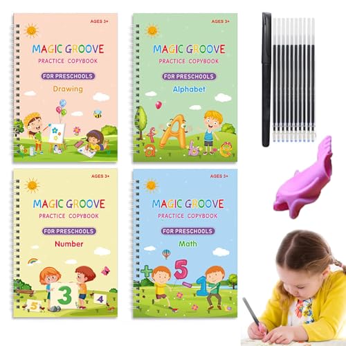 Magic Grooves Writing Practice, Magic Grooves Writing Trace Book for Kids, Magic Grooved Handwriting Practice Book for Kids Ages 3-8, Kids Practice Copybook Set 4PCS/Set (1Set)