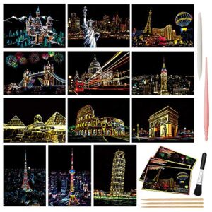 Magic Scratch Art Paper(7.9"x5.5") Rainbow Landscape Engraving Art Mini Scratchboard DIY Pads for Adults and Kids, Crafts Set: 12 Sheets Scratch Postcard Cards & Drawing Pens, Brush (Building Series)