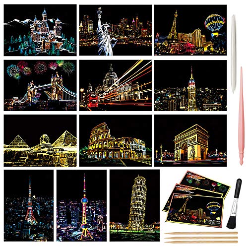 Magic Scratch Art Paper(7.9"x5.5") Rainbow Landscape Engraving Art Mini Scratchboard DIY Pads for Adults and Kids, Crafts Set: 12 Sheets Scratch Postcard Cards & Drawing Pens, Brush (Building Series)