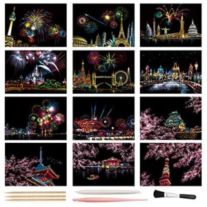 Magic Scratch Art Paper, Mini Envelope Postcard, Rainbow Night View Scratchboard for Adults and Teens, Art & Crafts Set: 12 Sheets Scratch Cards & Drawing Pen, Clean Brush (Fireworks/Cherry Blossom)