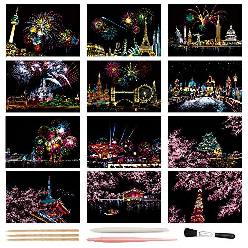 Magic Scratch Art Paper, Mini Envelope Postcard, Rainbow Night View Scratchboard for Adults and Teens, Art & Crafts Set: 12 Sheets Scratch Cards & Drawing Pen, Clean Brush (Fireworks/Cherry Blossom)