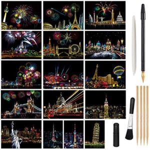 Magic Scratch Art Paper, Mini Envelope Postcard, Rainbow Night View Scratchboard for Adults and Teens, Art & Crafts Set : 16 Sheets Scratch Cards & 7 Tools Drawing Pen, Brush (Travel Around The World)