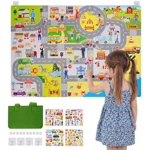 maglala Traffic Felt Busy Board for Toddlers, 40″ x 28″ Large Wall Toy 95PCS Car Road Play Set, Montessori Sensory Toys, Autism Learning Activities, Preschool Educational Gifts for Boys Girls Age 2-5