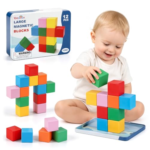 Magnetic Blocks Large with Metal Box, 1.65in Magnetic Building Cubes Toddler Travel Essentials Toys for Boys Girls Ages 1 2 3, STEM Educational Magnet Sensory & Montessori Toys Birthday Gifts 12 PCS