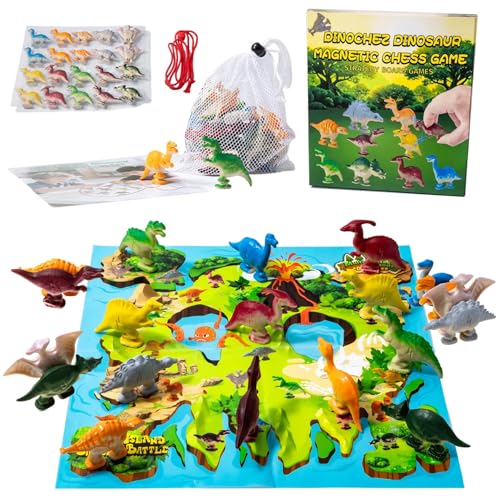 Magnetic Chess Game for Easter Basket Stuffers,Dinochez Dinosaur Magnetic Chess Game Set with 20pcs Dinosaur Magnetic Stones for Family, Party, Travel & Camping Puzzle Strategy Games