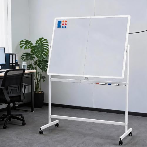 Magnetic Double-Sided Mobile Whiteboard 48"X36" with Stand - Adjustable Height & Angle Rolling Dry Erase Board on Lockable Wheels for Office, Classroom, Homeschool, Meeting, Presentation