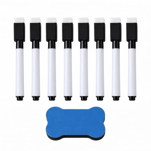 Magnetic Dry Erase Markers with Erasers, 8 Pack Black Whiteboard Markers with Flexible Tips, Quick Dry Low Odor Ink, Magnetic Caps and 1 Magnetic Whiteboard Erasers for Office, Classroom, Fridge