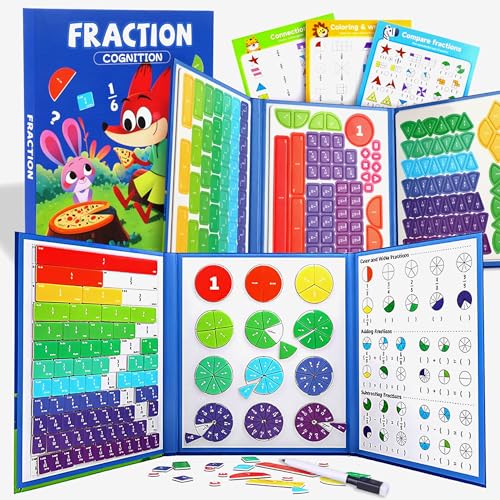 Magnetic Fraction Educational Puzzle, Magnetic Fraction Demonstration Book with Fraction Tiles and Circles, Montessori Fraction Manipulatives for Elementary School, Maths Learning Toys for Kids