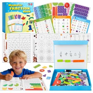 Magnetic Fraction Playbook for Kids – Visual Fraction Tiles & Circles Puzzles with Storage Case & Dry-Erase Activity Cards, Montessori Math Manipulatives for Homeschool & Elementary Grades K-3