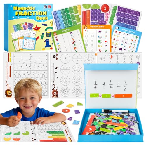 Magnetic Fraction Playbook for Kids – Visual Fraction Tiles & Circles Puzzles with Storage Case & Dry-Erase Activity Cards, Montessori Math Manipulatives for Homeschool & Elementary Grades K-3