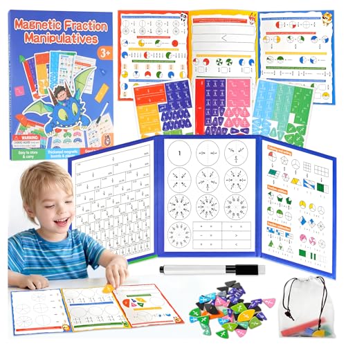 Magnetic Fraction Playbook with Tiles & Circles, Whiteboard Ready Fraction Manipulatives Kit, Montessori Math Tools for Kids Ages 6-10, Classroom & Homeschool Supplies with Wipe Clean Activity Cards