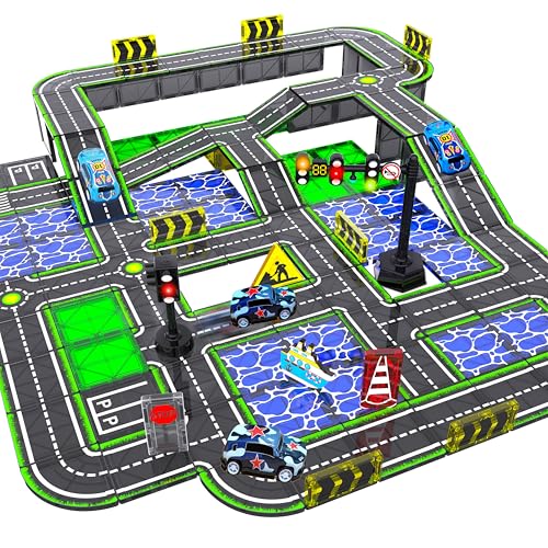 Magnetic Road Tiles Set with Pull-Back Cars,Magnet Building Blocks for Kids Ages 4-8 with Magnetic Ship & Traffic Lights,STEM Educational Preschool Learning Toys,Ideal Gift for Boys and Girls
