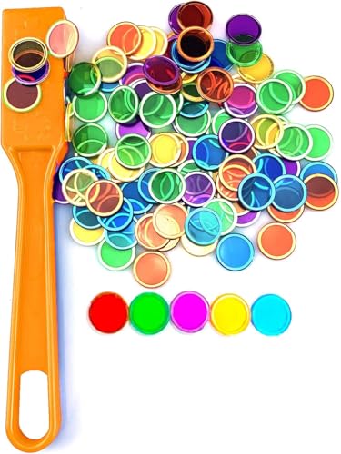 Magnetic Wand and Chips Set - Magnet Wands & Transparent Multicolored Plastic Bingo Chips with Metal Rings - School Science STEM Kit Learning Accessories Elderly Family Game Night Tokens (Orange)