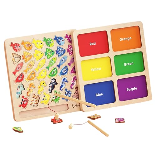 Magnetic Wooden Fishing Game for Toddlers 3-5, Montessori Alphabet & Number Learning Toy with 36 Fish & 2 Poles, Double-Sided Puzzle for Letter & Color Matching, Preschool Toys for Kids 4 Years Old