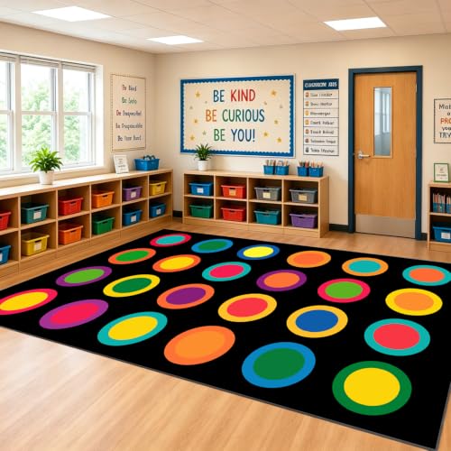 MAISONRINA Large Classroom Rugs Elementary 7'7''x13',Daycare Rug with Colorful Rings,Black Classroom Rug for Preschool & Kindergarten, Seating Spots Rugs for Kids Room & Playroom - Seats 24
