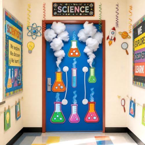 Maitys 22 Pcs Science Party Decoration Set Classroom Door Decoration with 7 Chemistry Laboratory Flask Prop Signs for Scientist Lab Week Stem Science Halloween Birthday School Door Party Supplies