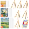 Maitys 24 Pcs Painting Canvas and Mini Easel Set 3 Sizes 18 Canvas Panels 5"x7" 8"x10" 9"x12" with 6 Wooden Easels for Oil Acrylic Painting Arts Crafts, Photo Display