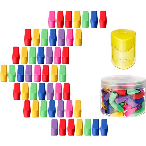 Maitys 50 Pcs Colorful Pencil Top Erasers Cap Erasers and Pencil Sharpener with Random Colors for Students Teachers School Office
