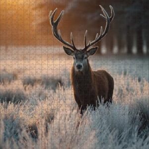 Majestic Stag in Frosty Field Realistic Art Wooden Jigsaw Puzzle 500 Pieces for Adults Winter Sunrise Golden Glow Forest Nature Wildlife Relaxing Family Game Night Gift for Nature Lovers Animal Fans