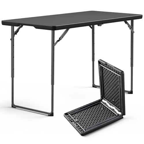 MAKE CHANGES Folding Table 48" x 24" - Heavy Duty Fold-in-Half Plastic Table with Adjustable Height, Portable Utility Tables with Steel Legs for Indoor, Outdoor, Picnic, Camping, Dining, Party (Black)