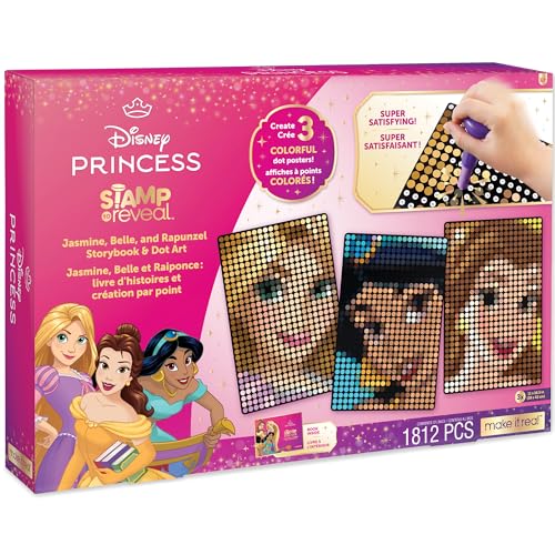 Make It Real Disney Princess Dot Art Set - Jasmine, Belle, Rapunzel | Interactive Craft Kit with Stamper & 1800 Dots for Ages 6+ | Creative Art for Kids