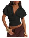 MakeMeChic Women's Cinched Waist Ruched Cropped T Shirts Collared Deep V Neck Short Sleeve Going Out Tops Black X-Large